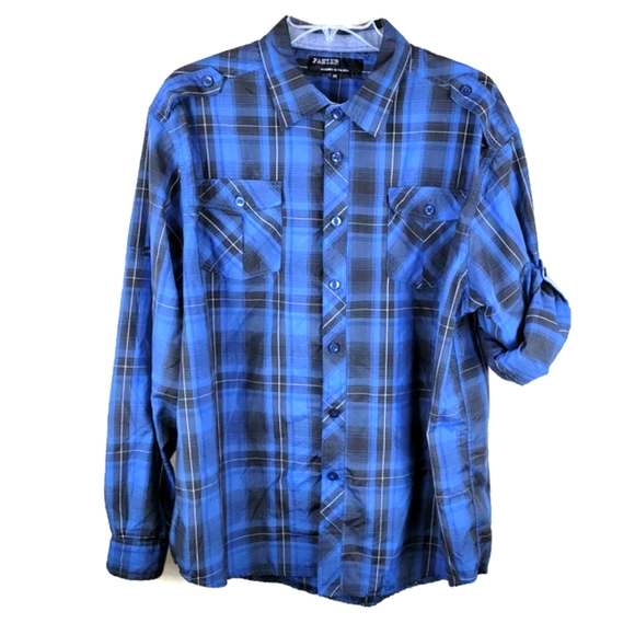 Panzer Other - Panzer Shirt Mens 3X Blue/Black Plaid Roll Tab Sleeve Flap Pockets Button Up